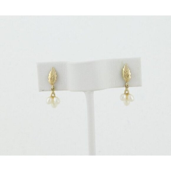 14k Yellow Gold Natural Pearl & Leaf Earrings Dangle Drop - Picture 1 of 6